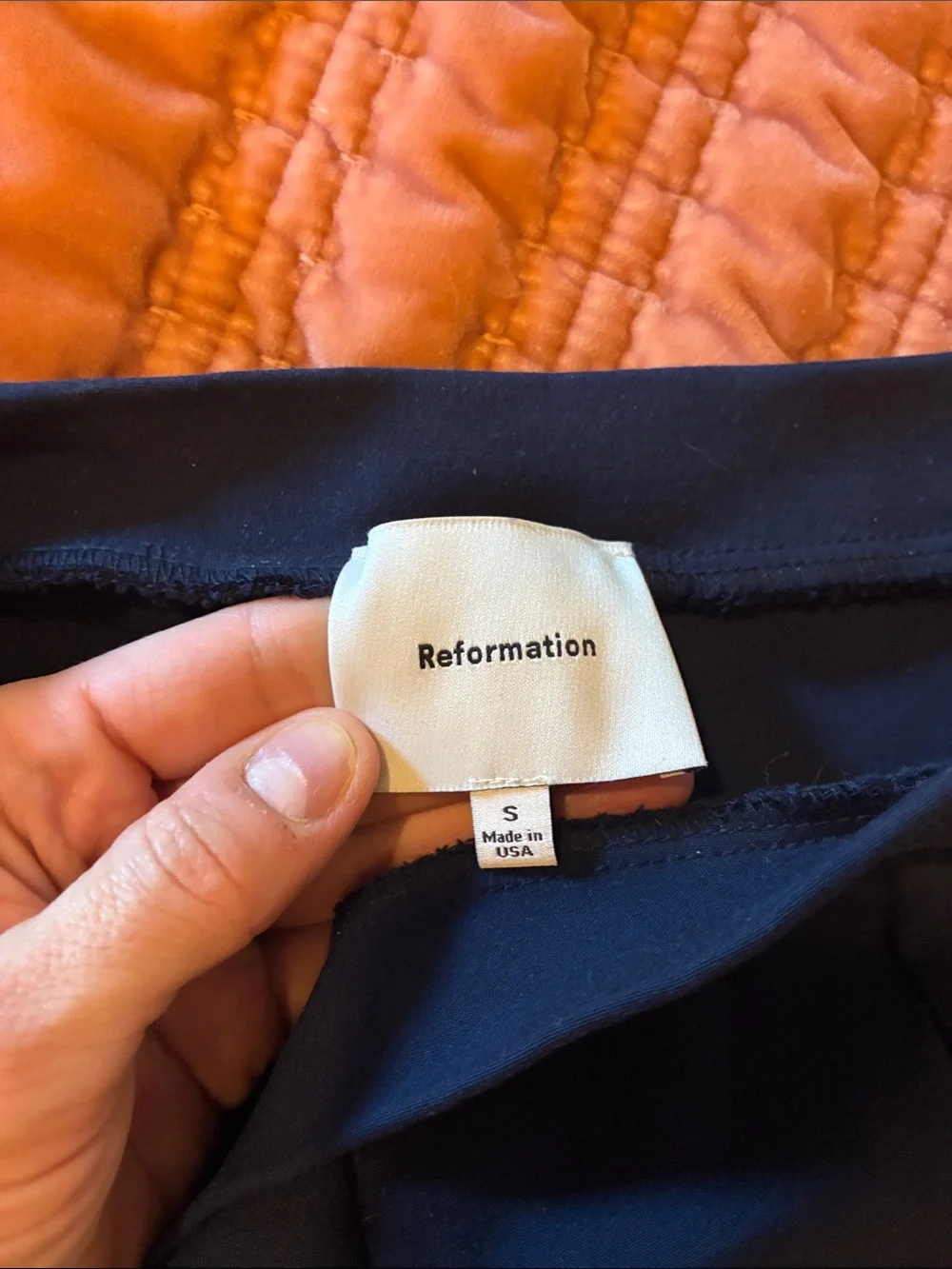 Reformation navy blue split hem stretch modal Fletcher ponte pant, size small